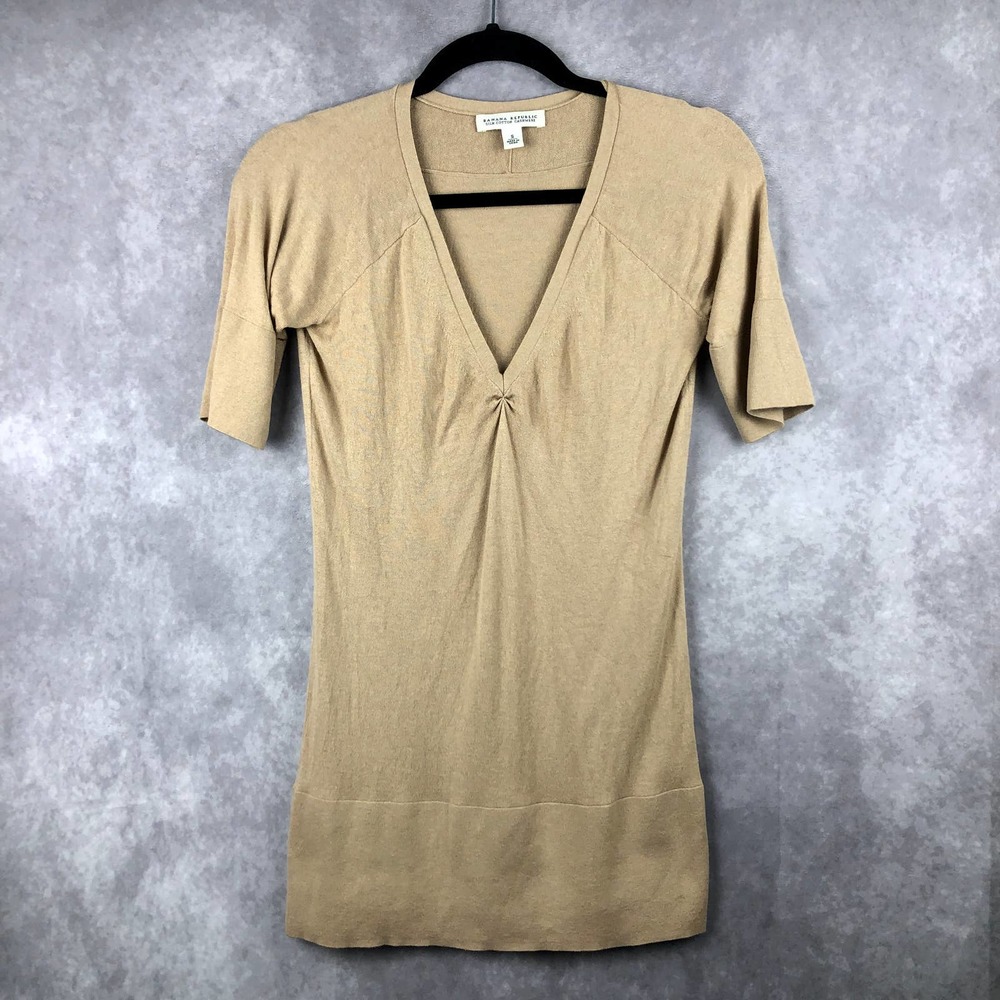 Banana Republic Top Womens Small Tunic Cashmere Blend Shirt Tan Blouse V Neck